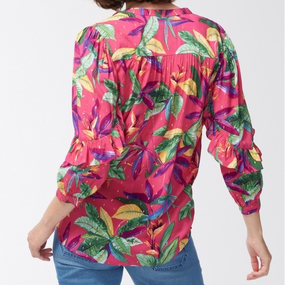 Chico’s Hot Pink Tropical Floral Clip Dot Ruffle Blouse Sparkly V-Neck Sz3/Sz16 - Picture 10 of 13